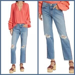 Ramy Brook Light Blue Distressed Boyfriend Jeans with Pink Trim